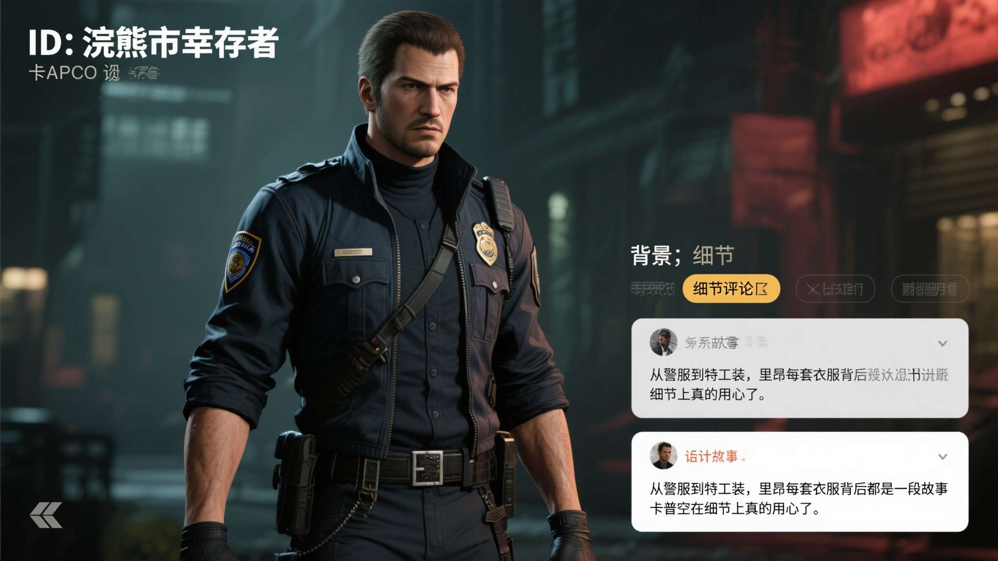 一位ID为"浣熊市幸存者"的玩家评论道："从警服到特工装，里昂每套衣服背后都是一